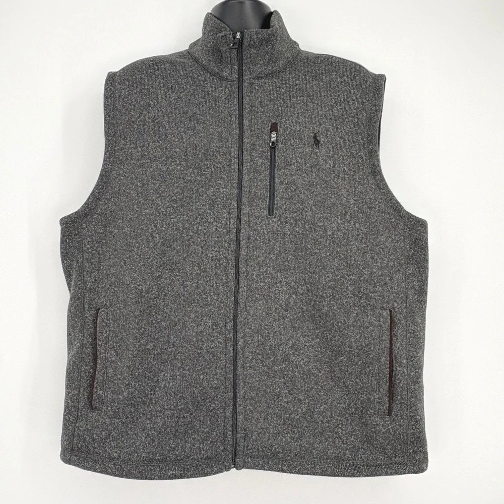 Polo Ralph Lauren‎ Vest XXL Men Performance Fleece Zip Up Gray Black Pony Preppy